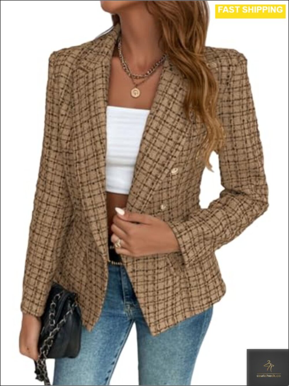 Tweed Plaid Double Breasted Blazer Jacket